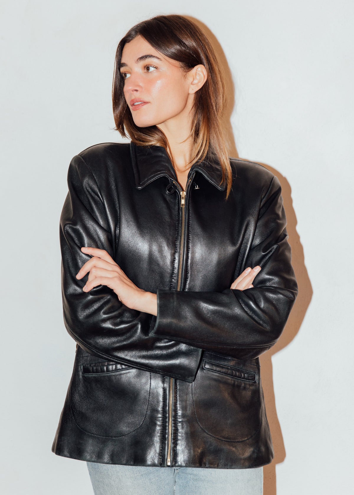 Vintage Black Leather Jacket with Side Buckles