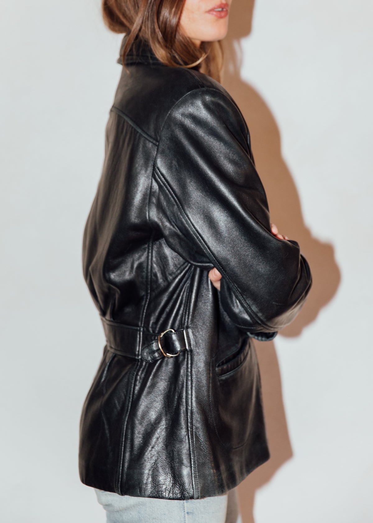 Vintage Black Leather Jacket with Side Buckles