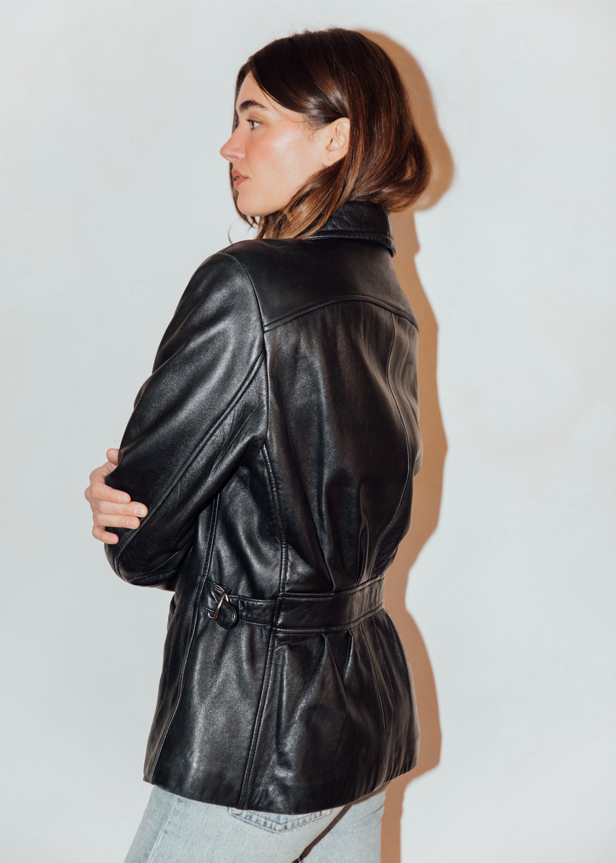 Vintage Black Leather Jacket with Side Buckles