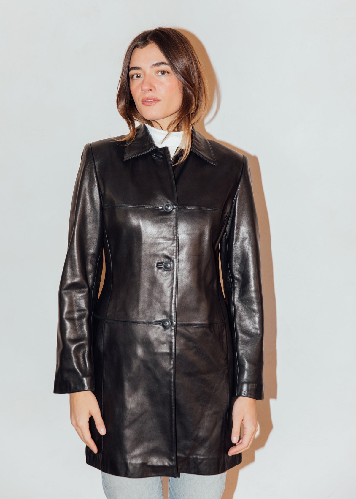 Vintage Black Leather Mid Length Jacket