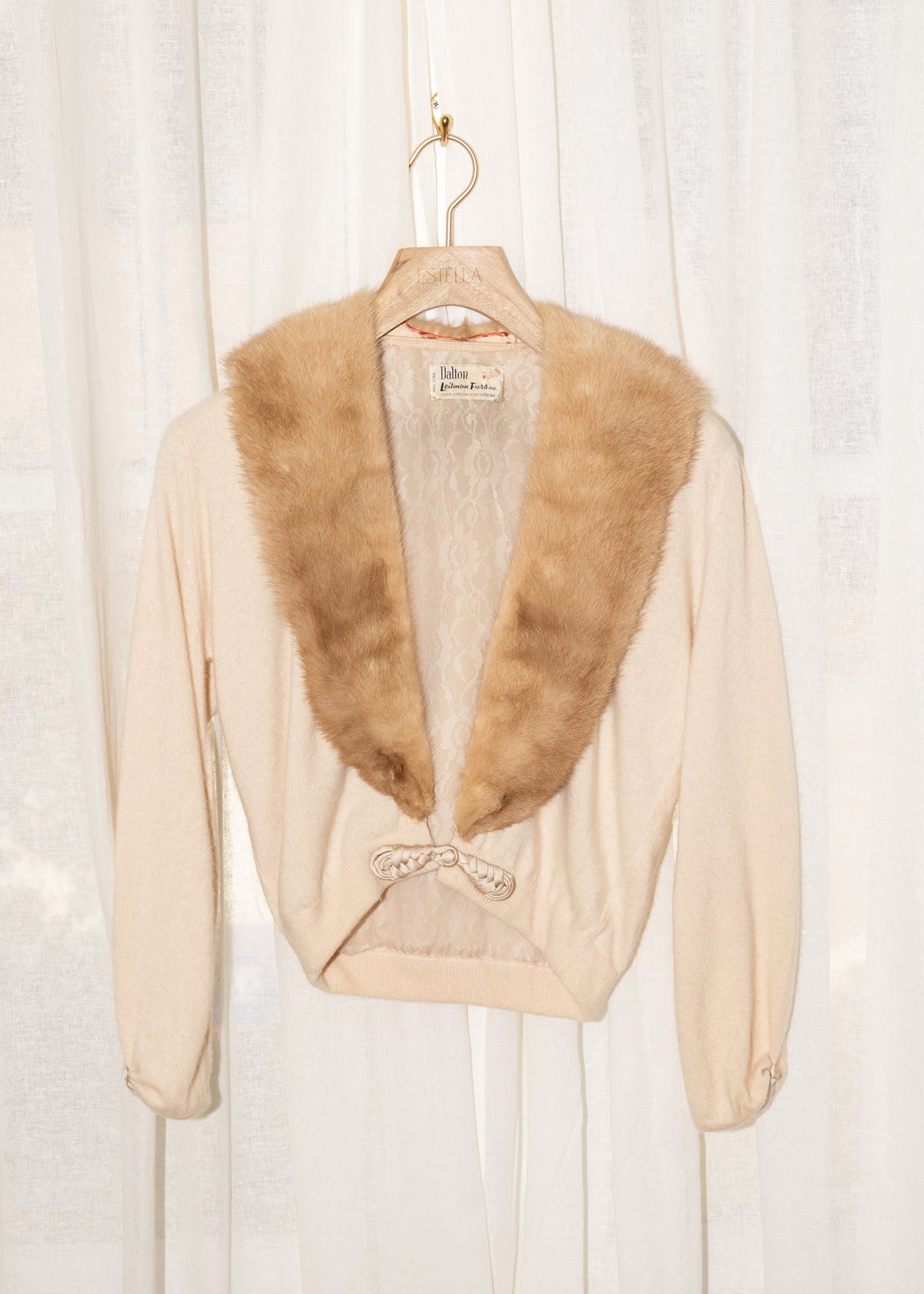 Vintage 1960s Dalton Cashmere Cardigan with Mink Collar in Ivory