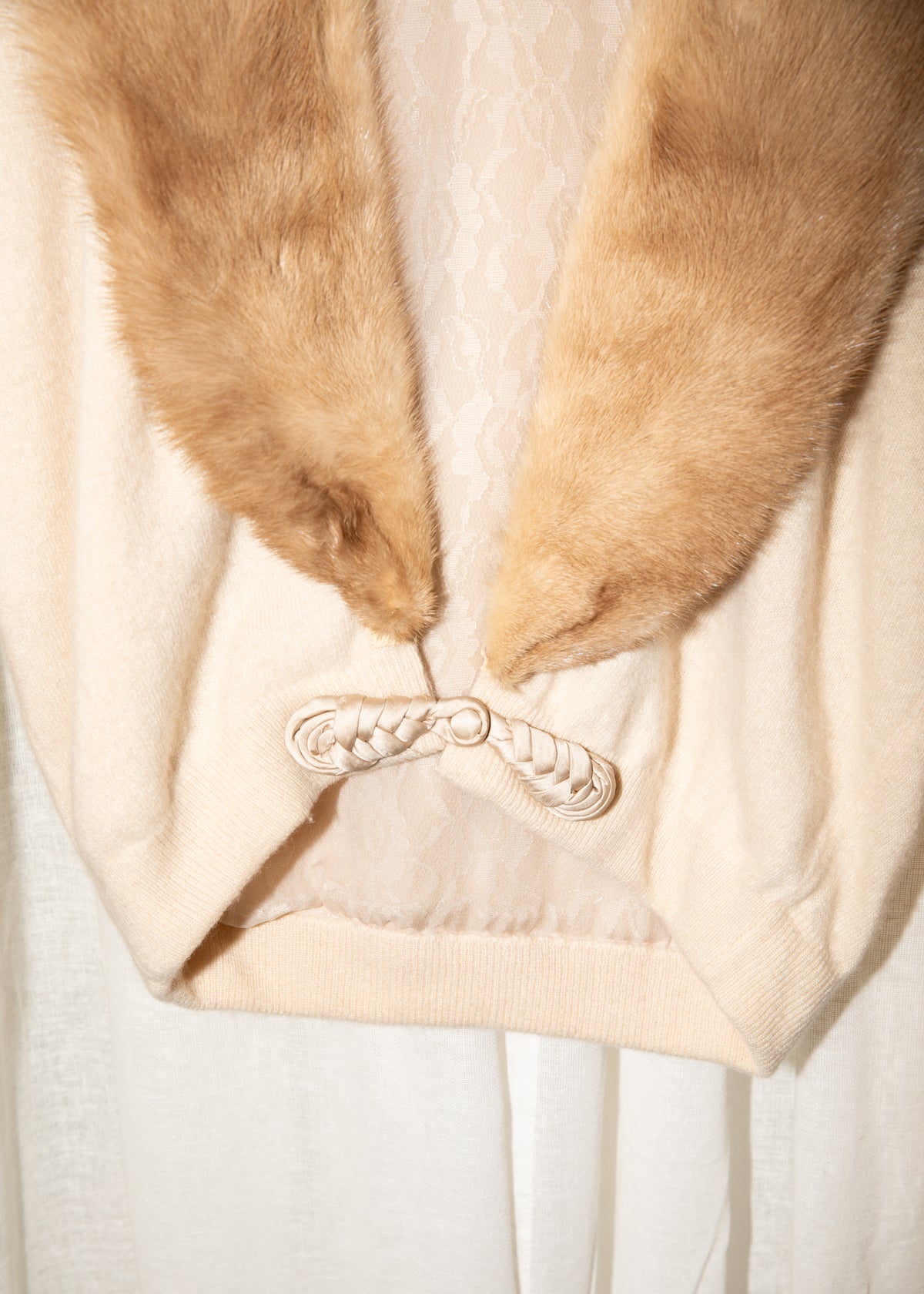 Vintage 1960s Dalton Cashmere Cardigan with Mink Collar in Ivory