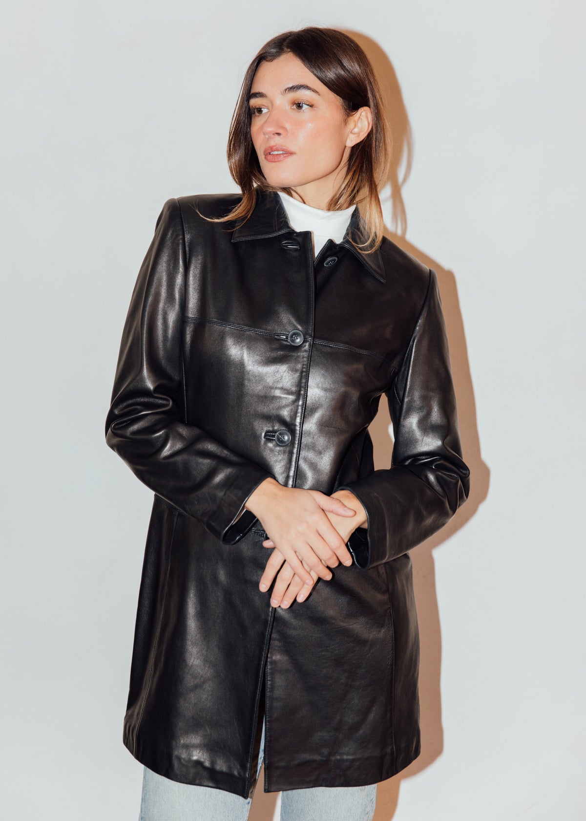 Vintage Black Leather Mid Length Jacket