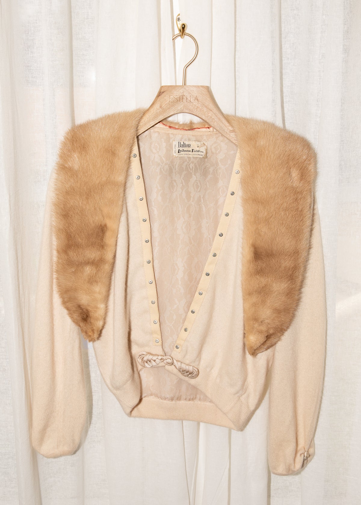 Vintage 1960s Dalton Cashmere Cardigan with Mink Collar in Ivory