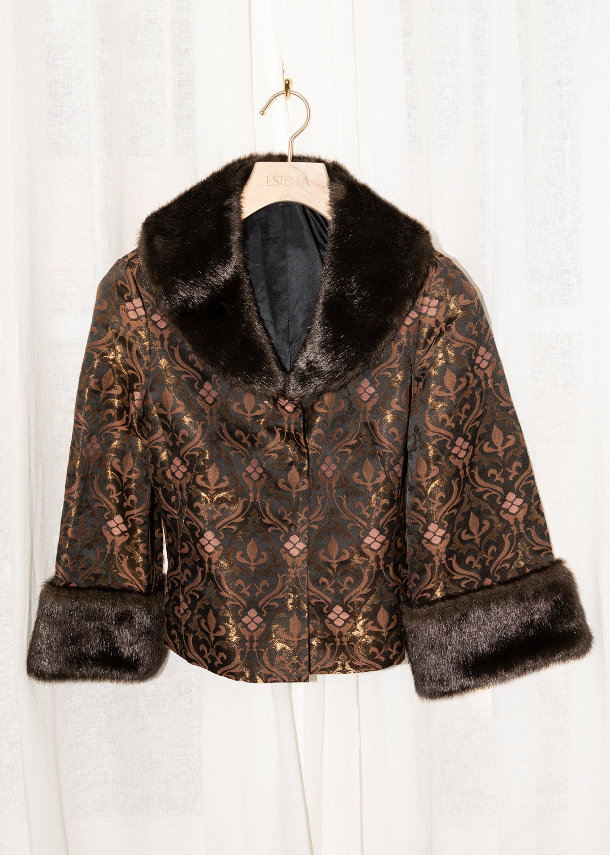 Vintage Y2K cropped brocade jacket with faux fur trim