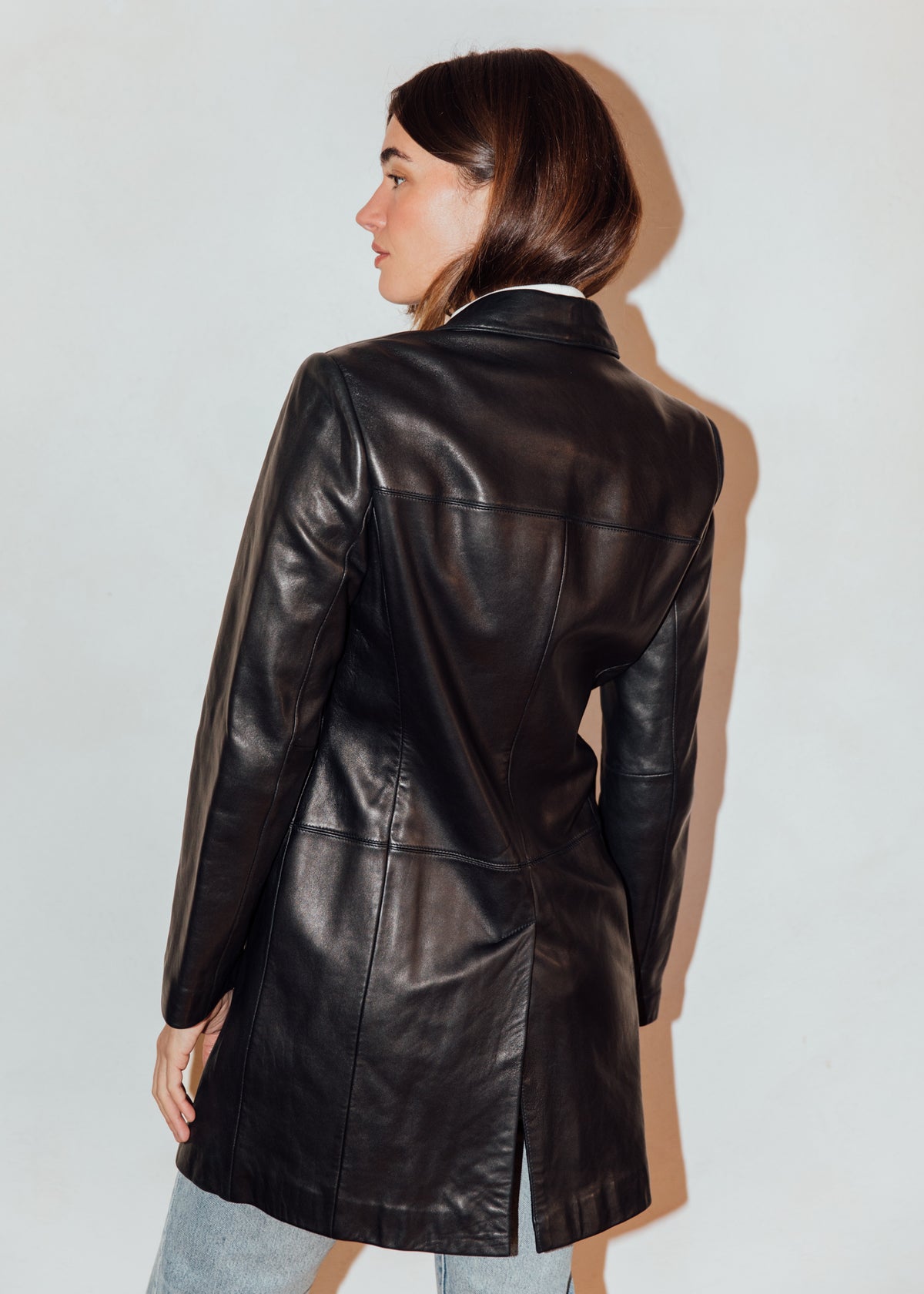 Vintage Black Leather Mid Length Jacket