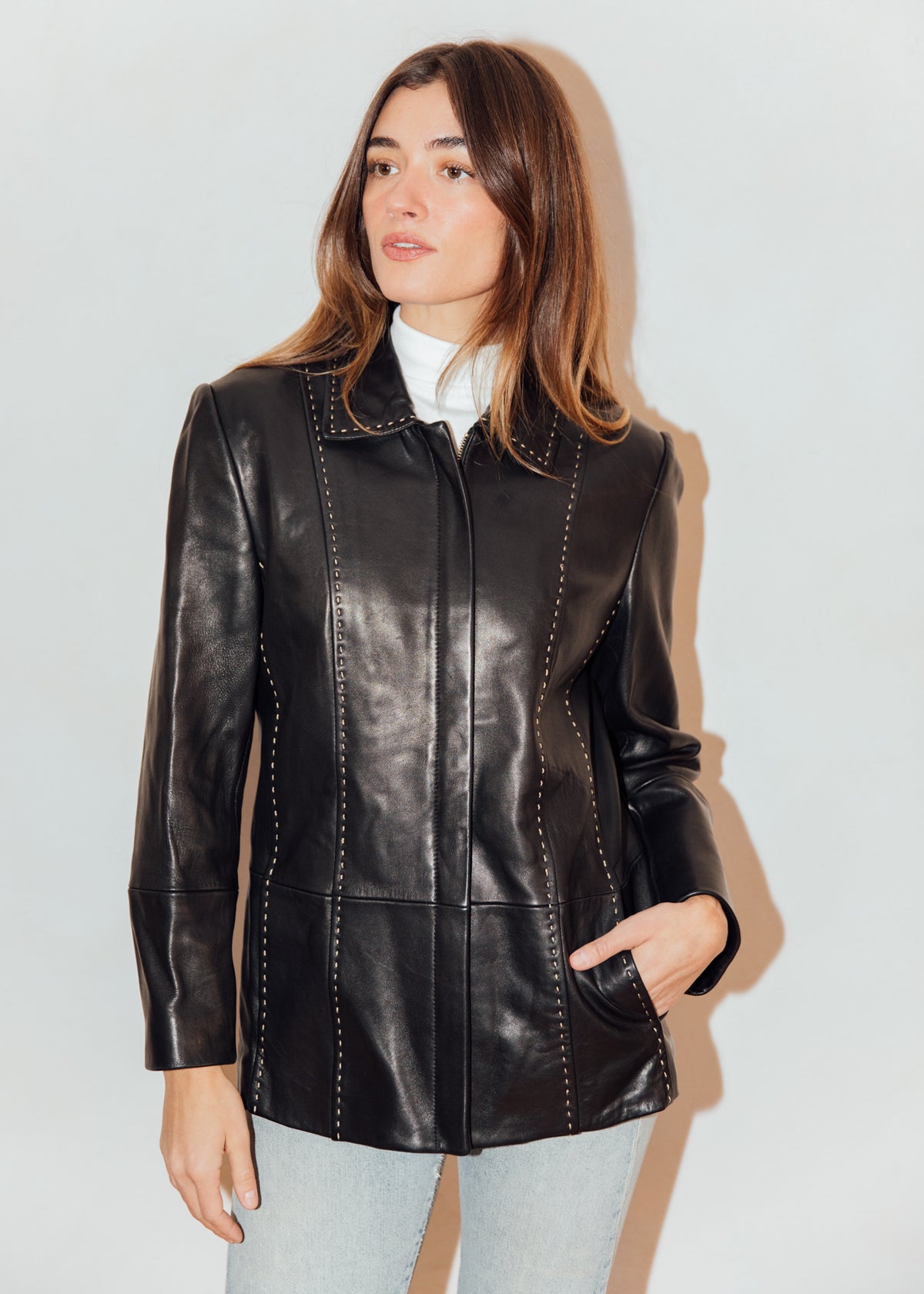 Vintage Stitched Black Leather Jacket