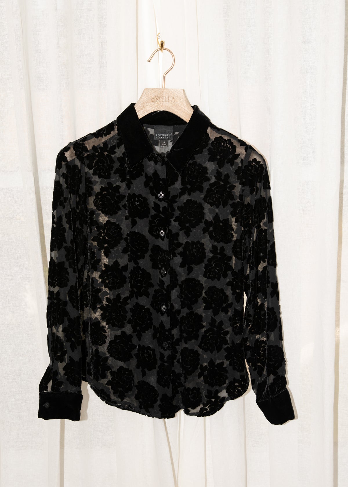 Vintage 1990s Black Silk Blend Velvet Rose Blouse