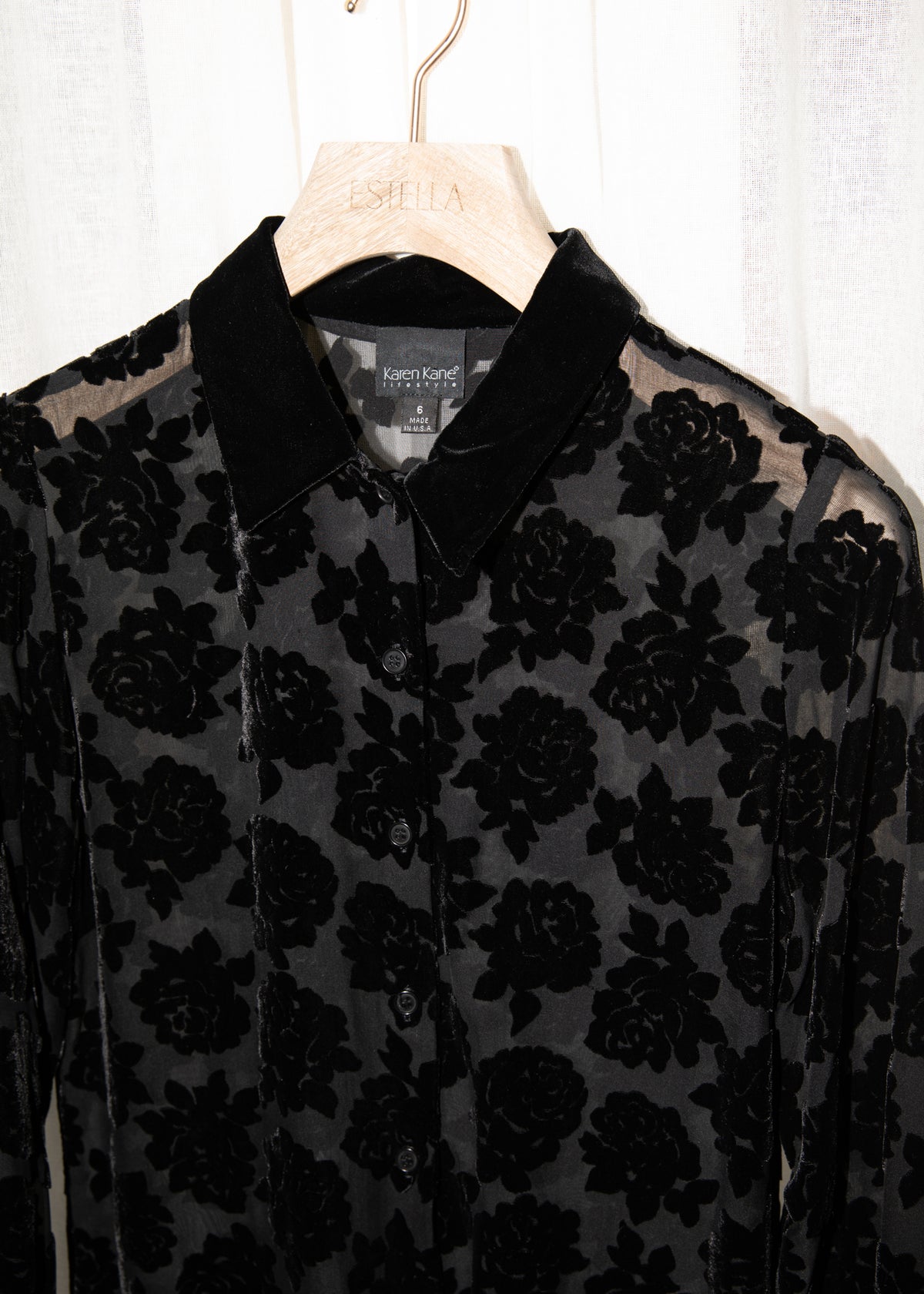 Vintage 1990s Black Silk Blend Velvet Rose Blouse
