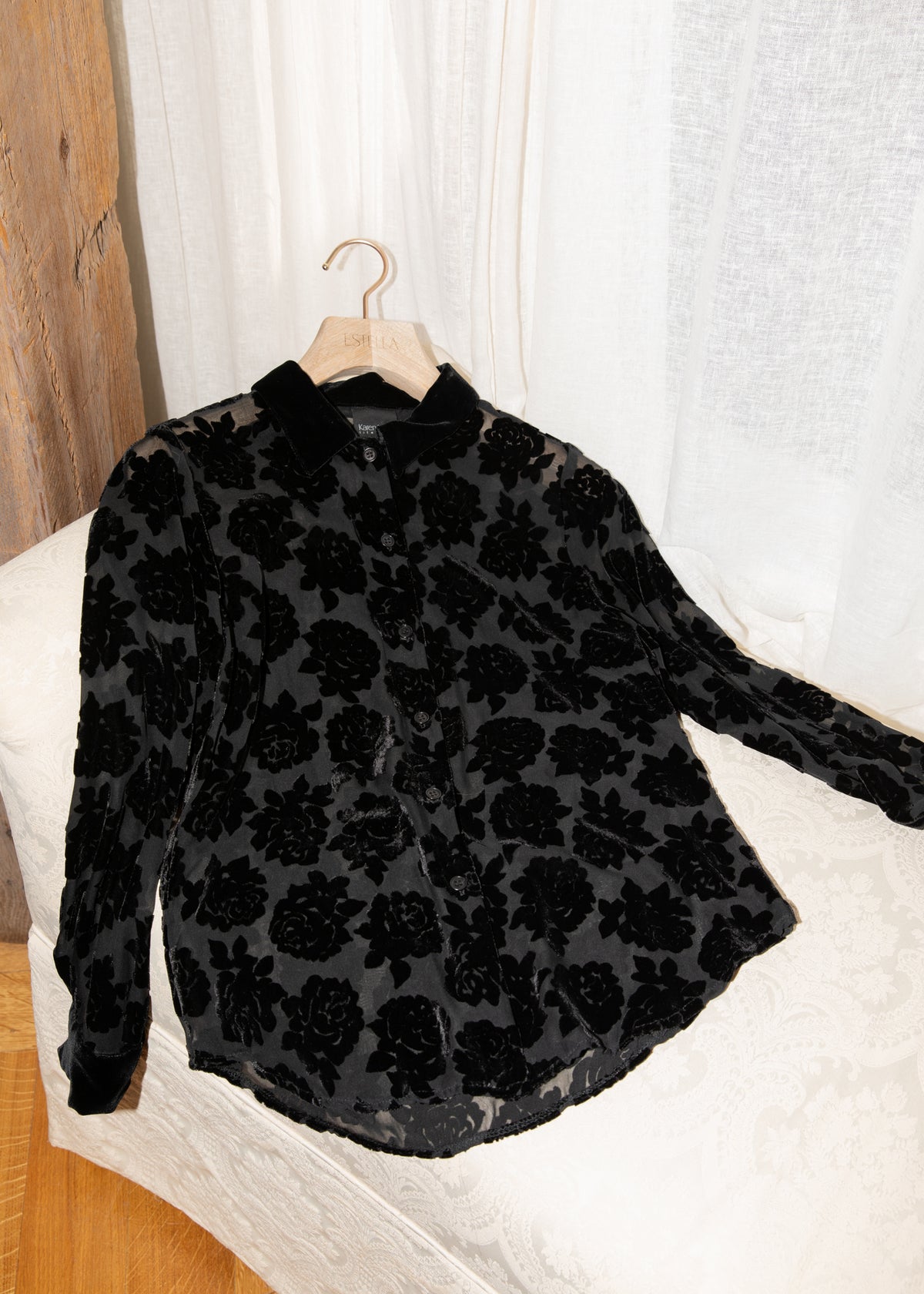 Vintage 1990s Black Silk Blend Velvet Rose Blouse