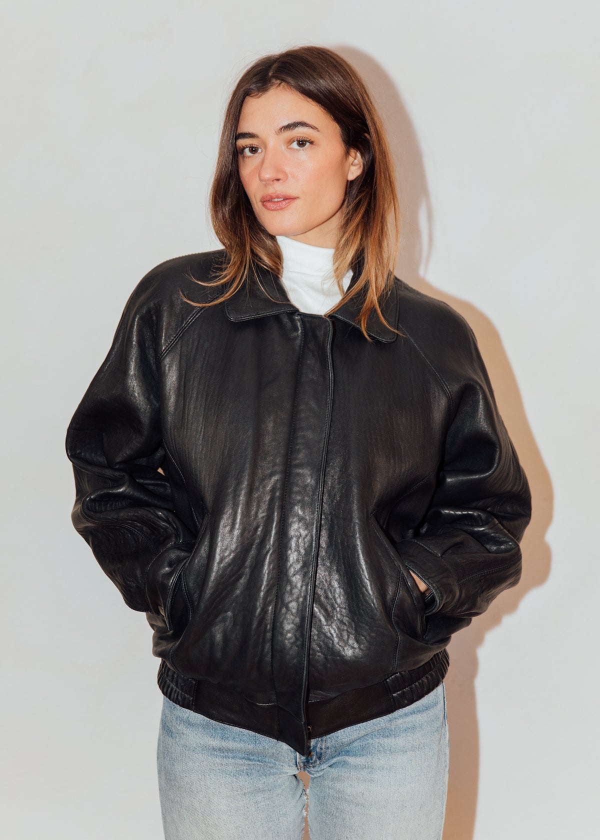 Vintage Black Leather Bomber Jacket