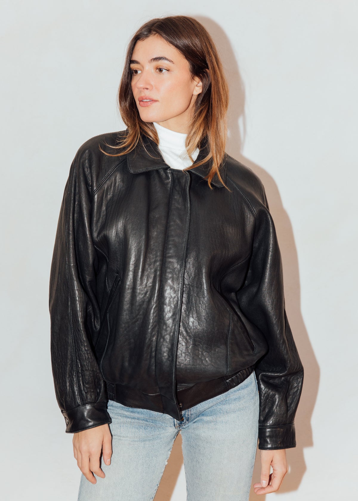Vintage Black Leather Bomber Jacket