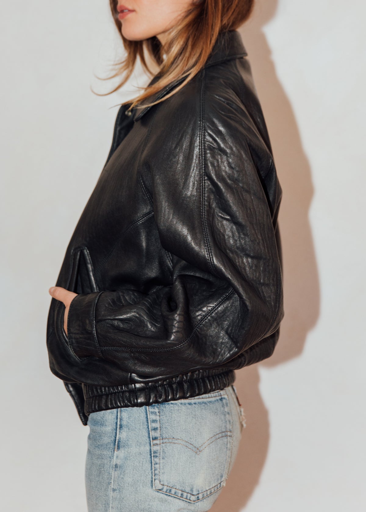 Vintage Black Leather Bomber Jacket