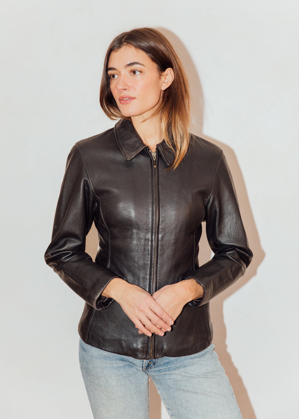 Vintage Zip Front Brown Pebbled Leather Jacket