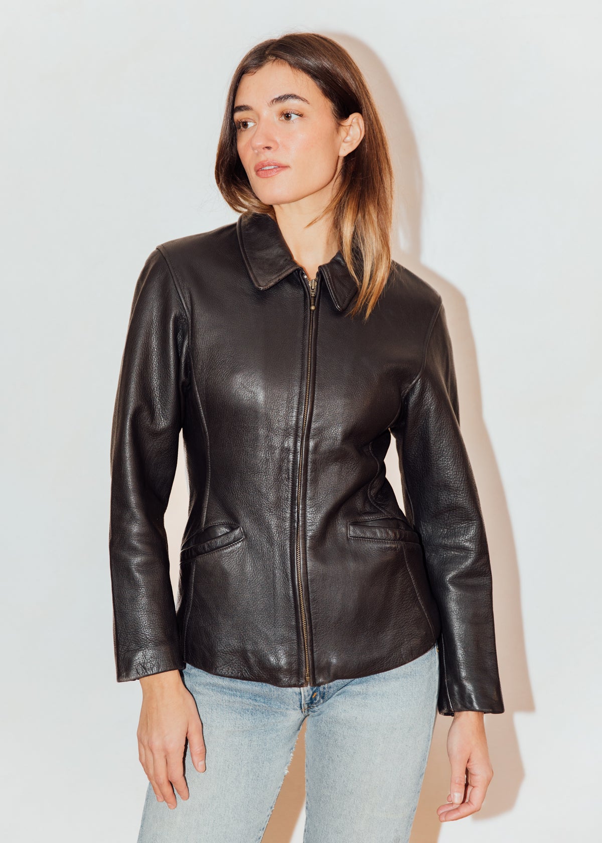 Vintage Zip Front Brown Pebbled Leather Jacket