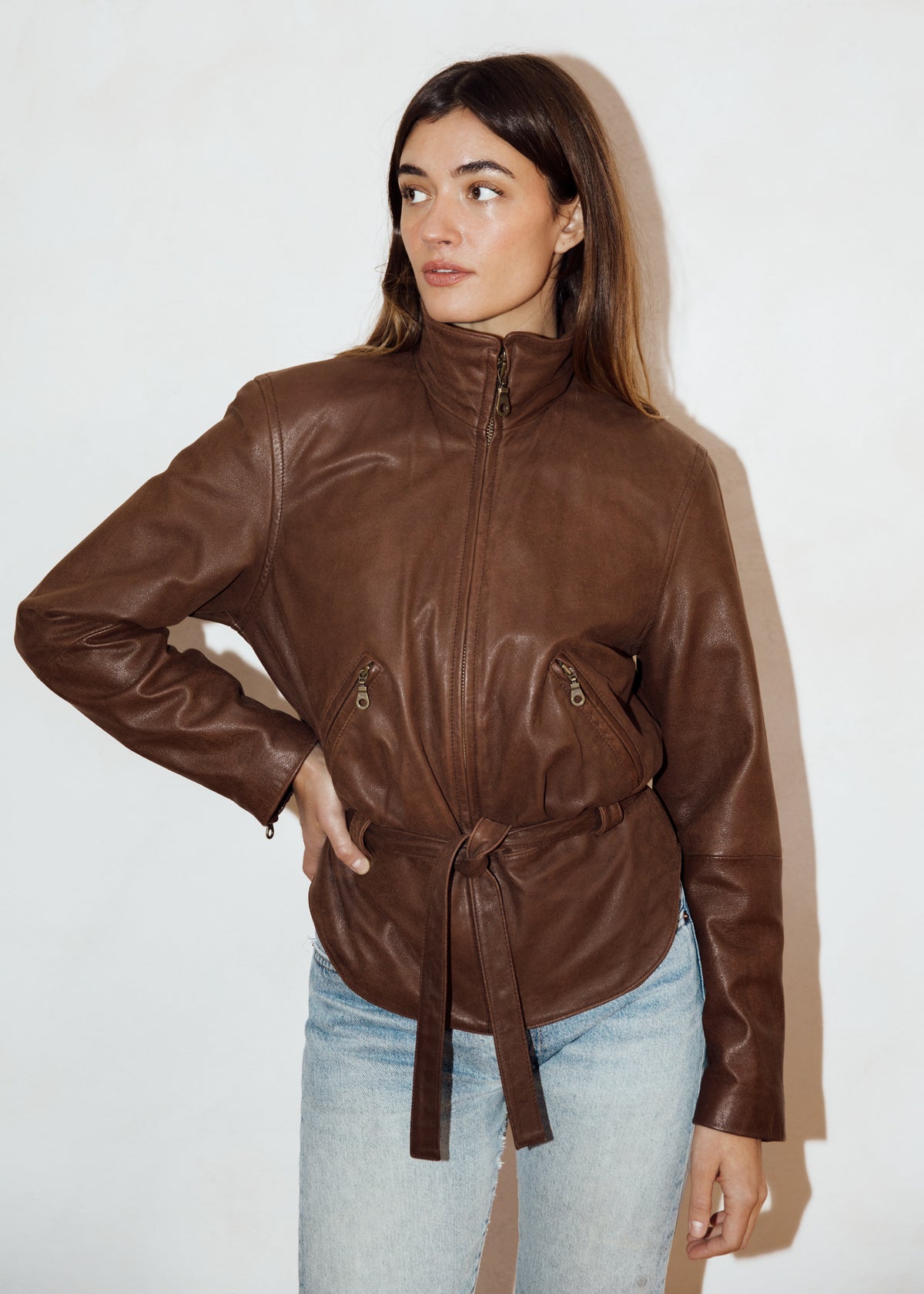 Vintage Chocolate Brown Leather Jacket with Tie Belted Waist