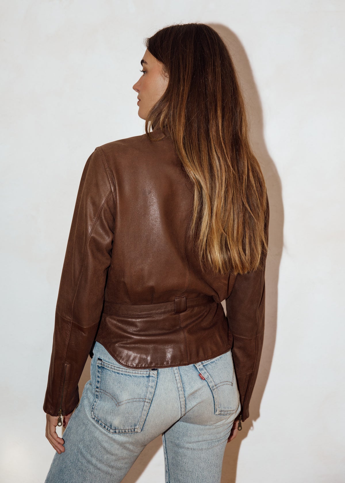 Vintage Chocolate Brown Leather Jacket with Tie Belted Waist