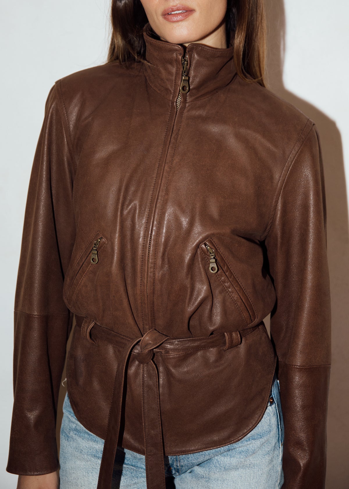 Vintage Chocolate Brown Leather Jacket with Tie Belted Waist