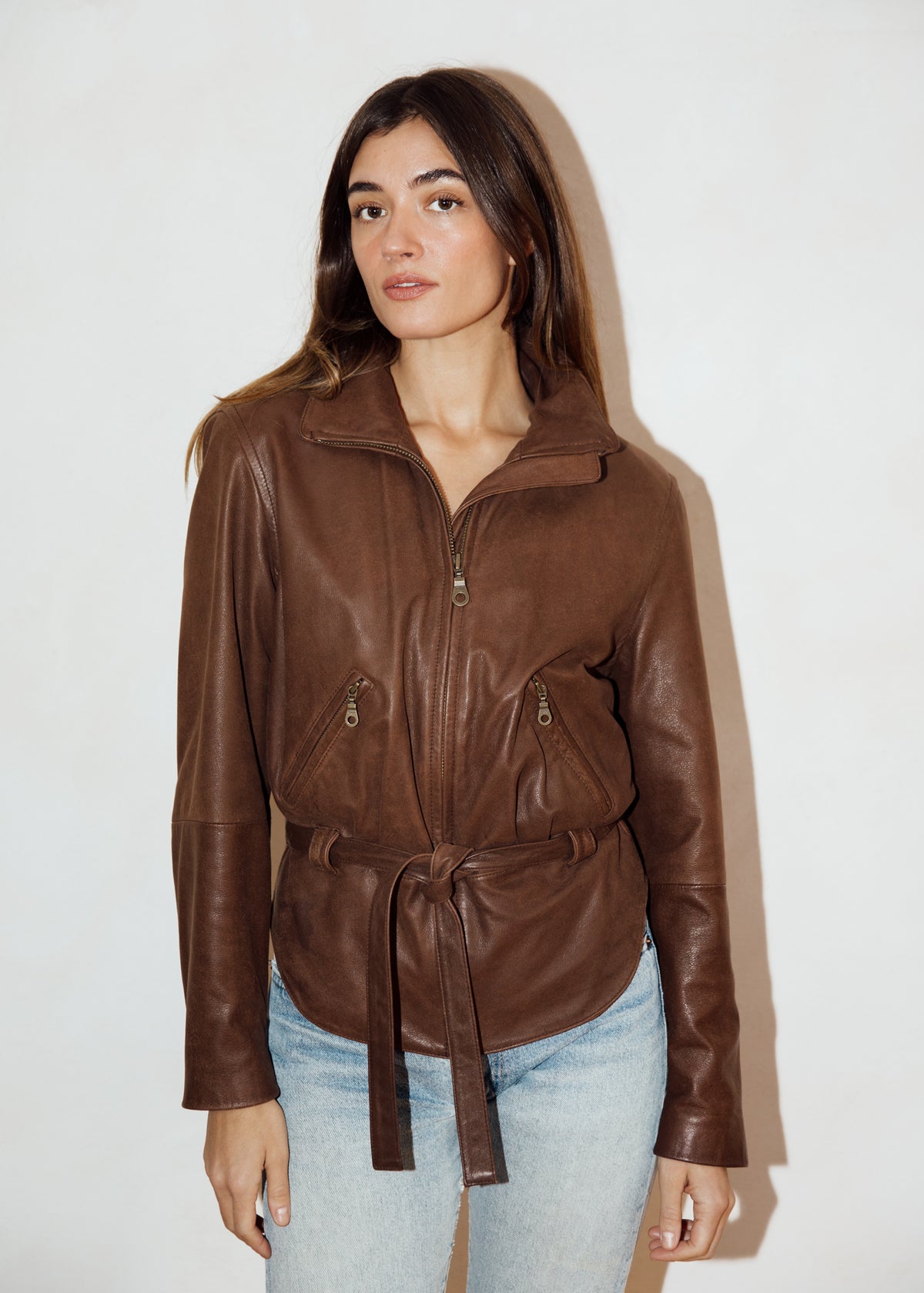 Vintage Chocolate Brown Leather Jacket with Tie Belted Waist