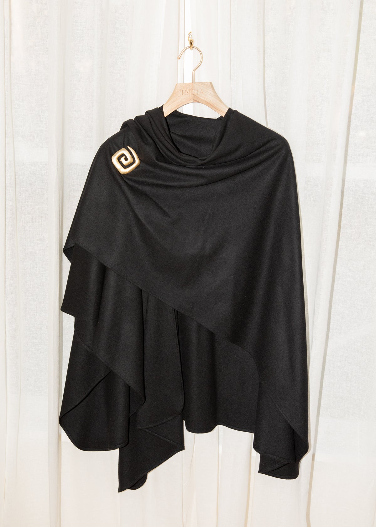 Vintage Black Wool Wrap Cape with Sculptural Brooch