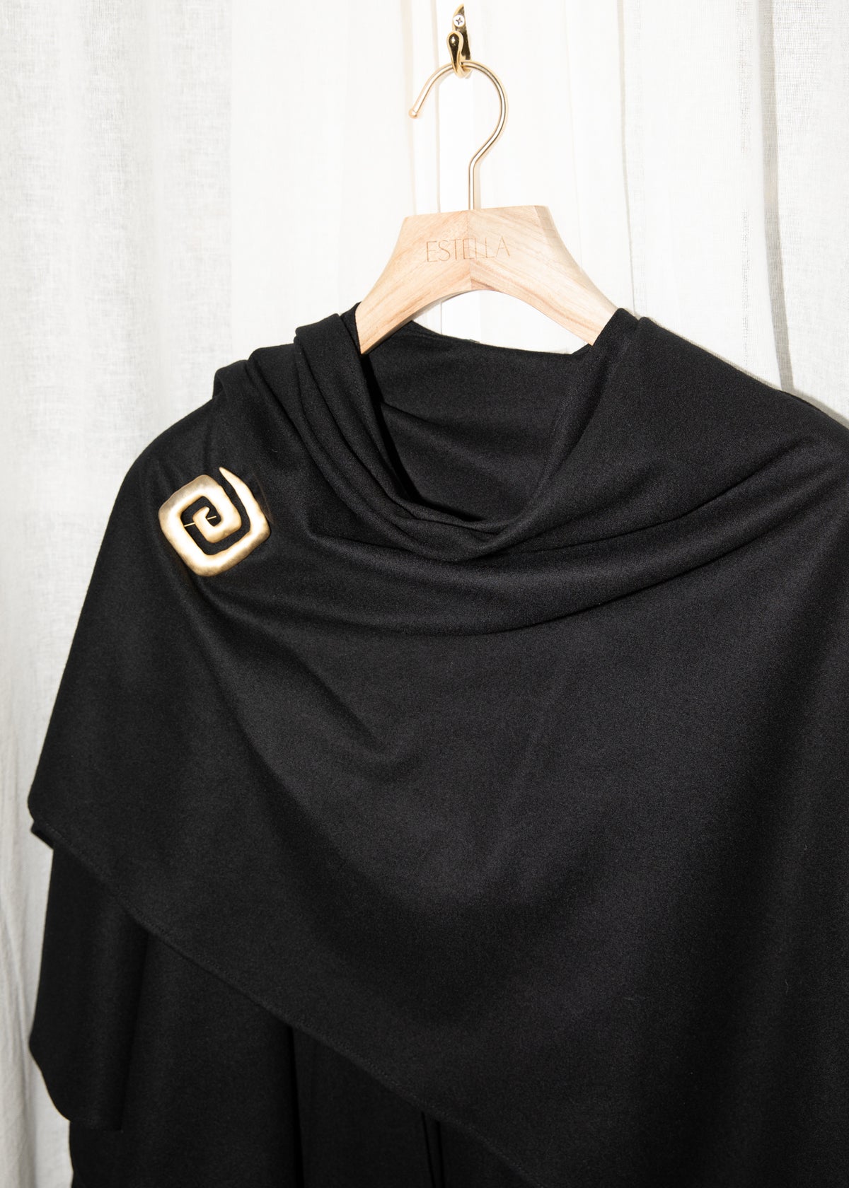 Vintage Black Wool Wrap Cape with Sculptural Brooch
