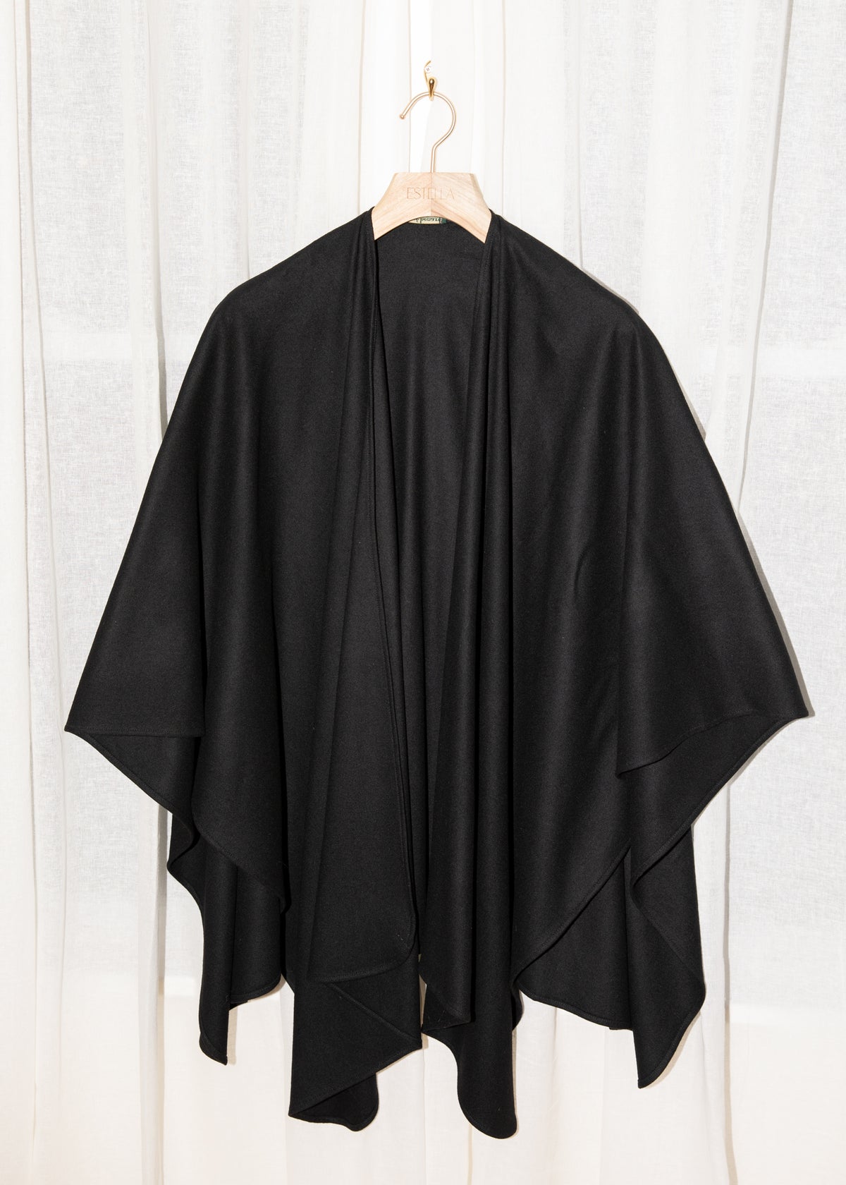 Vintage Black Wool Wrap Cape with Sculptural Brooch