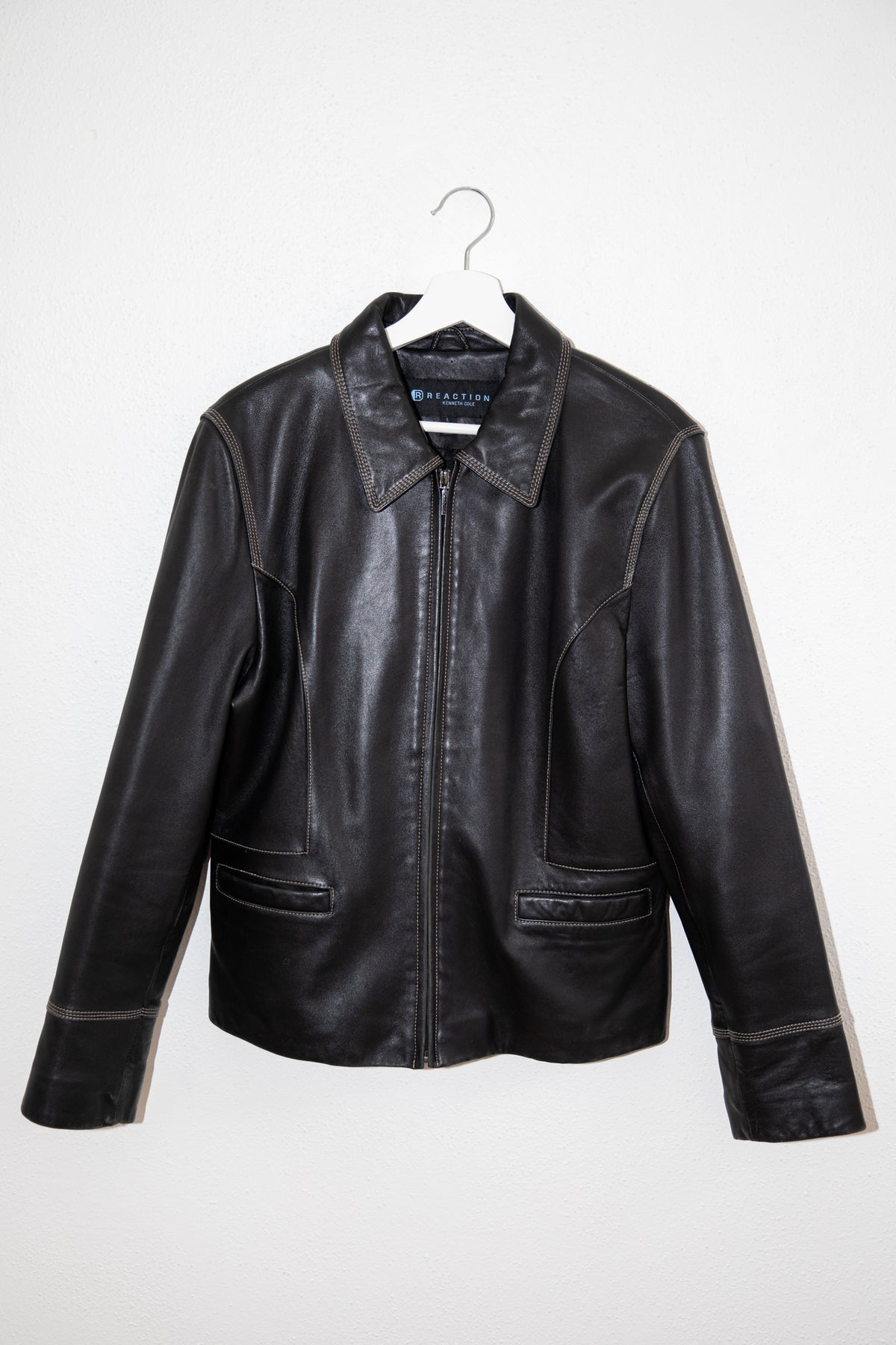 Vintage Zip Front Black Leather Stitched Jacket
