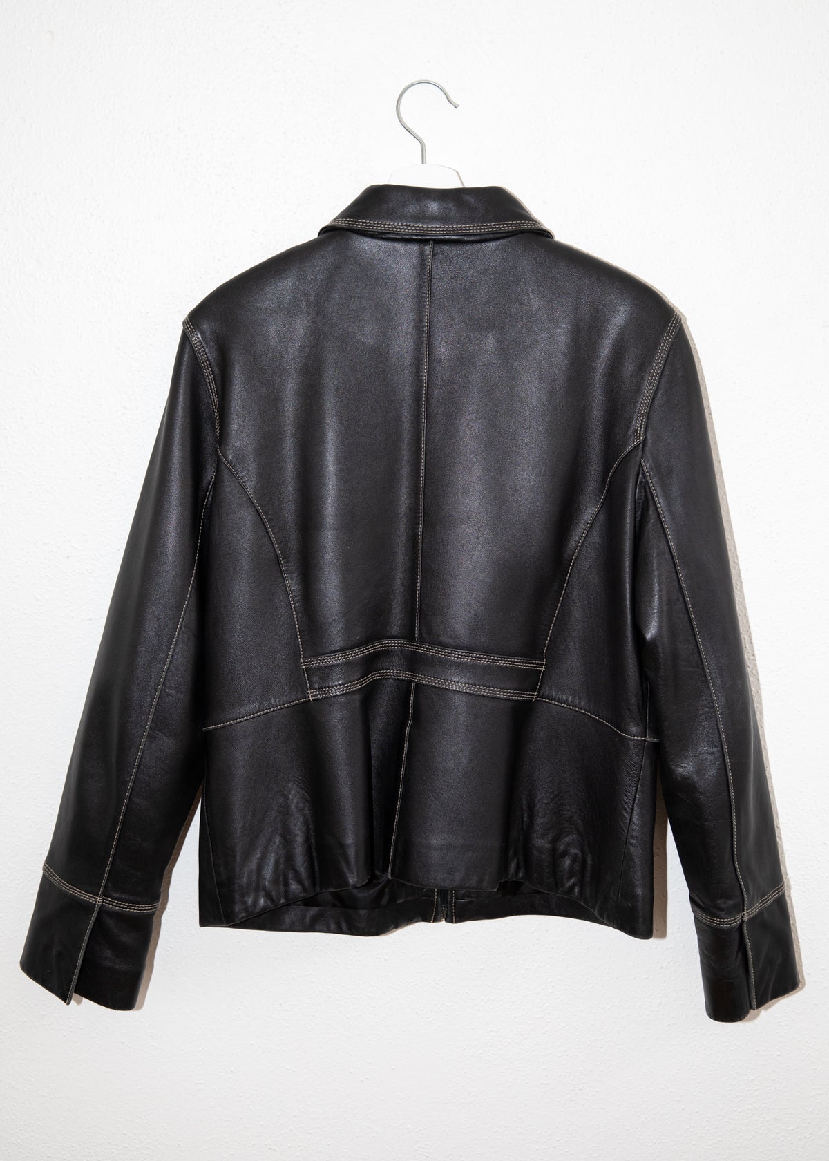 Vintage Zip Front Black Leather Stitched Jacket