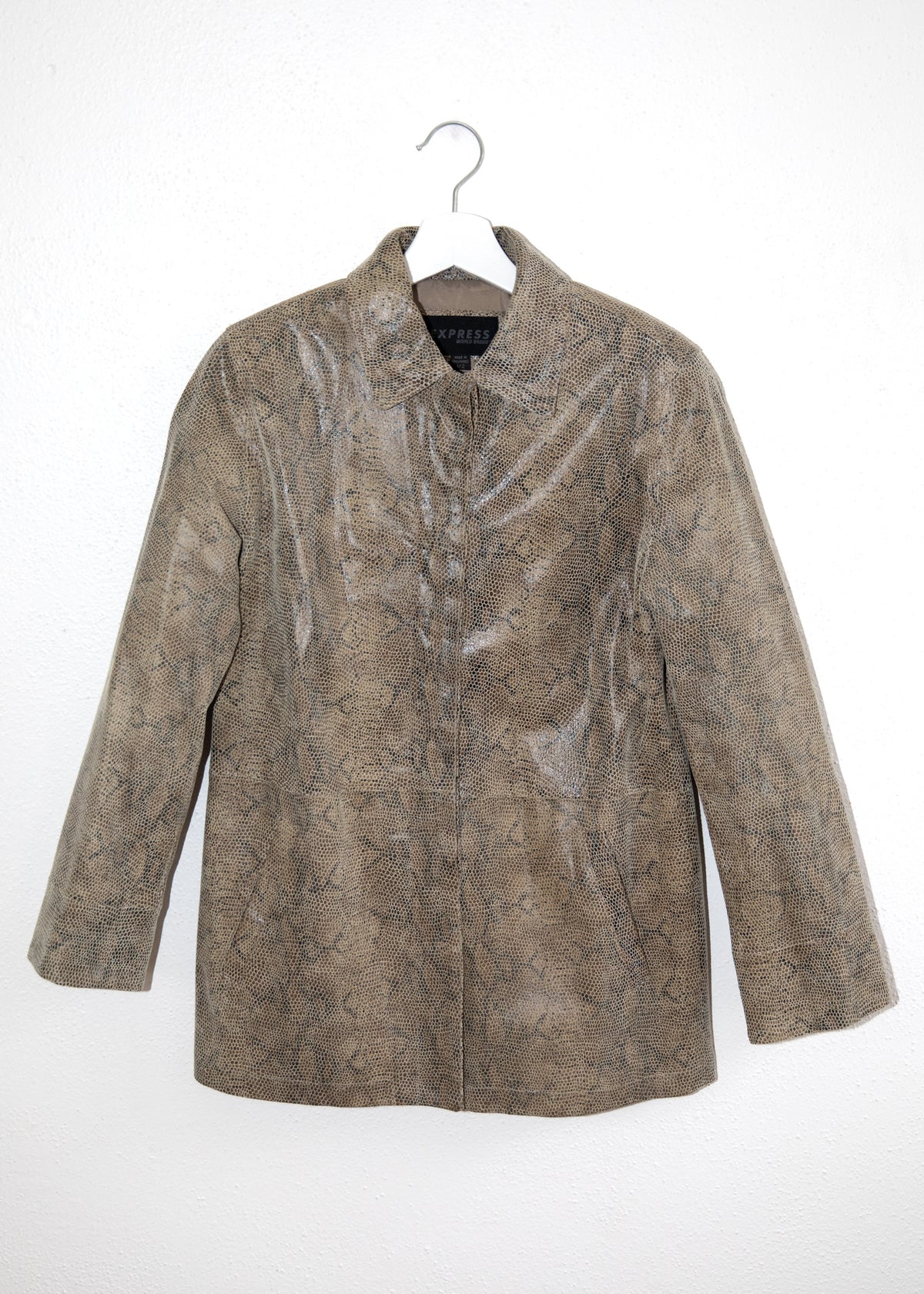 Vintage Y2K Embossed Leather Jacket in Taupe Snake