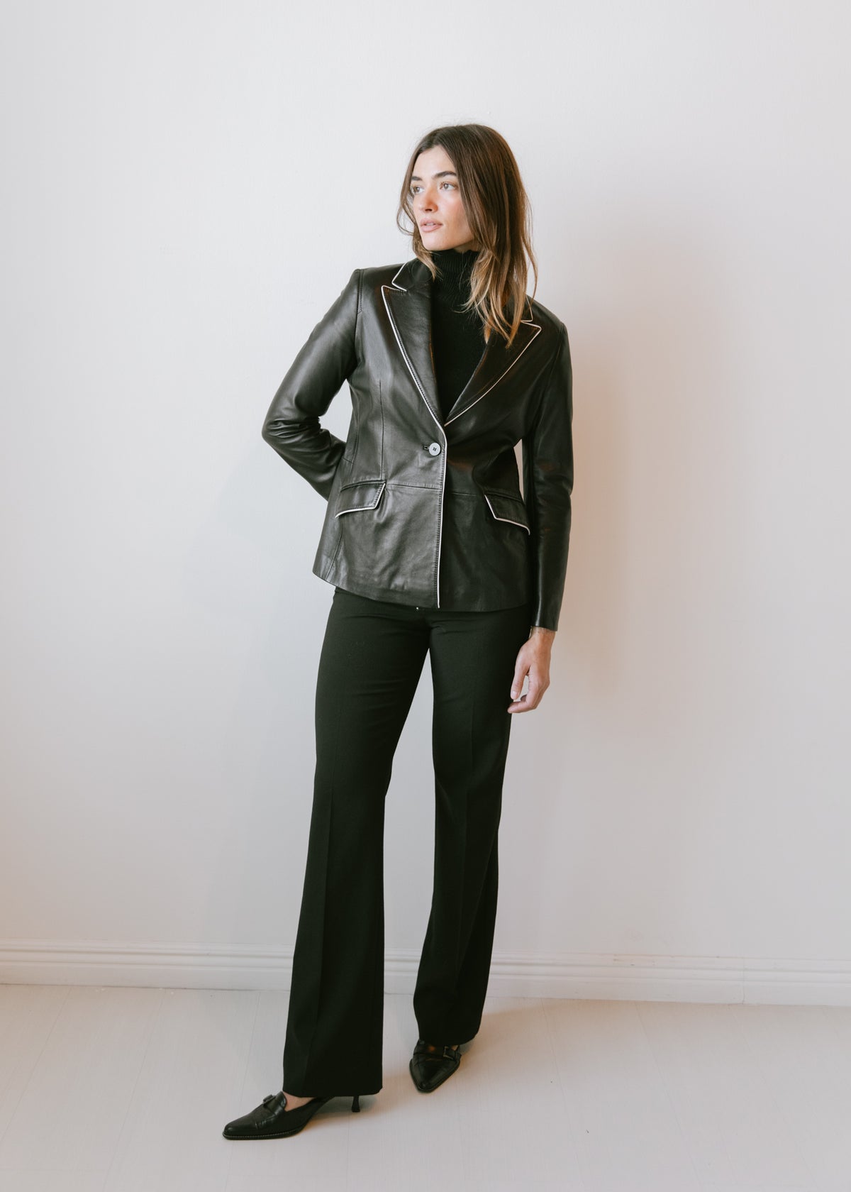 Vintage Buttery Soft Black Leather Blazer with Contrast White Piping