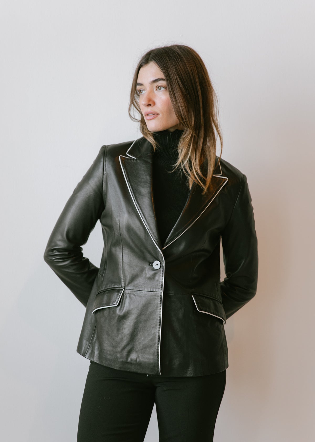 Vintage Buttery Soft Black Leather Blazer with Contrast White Piping