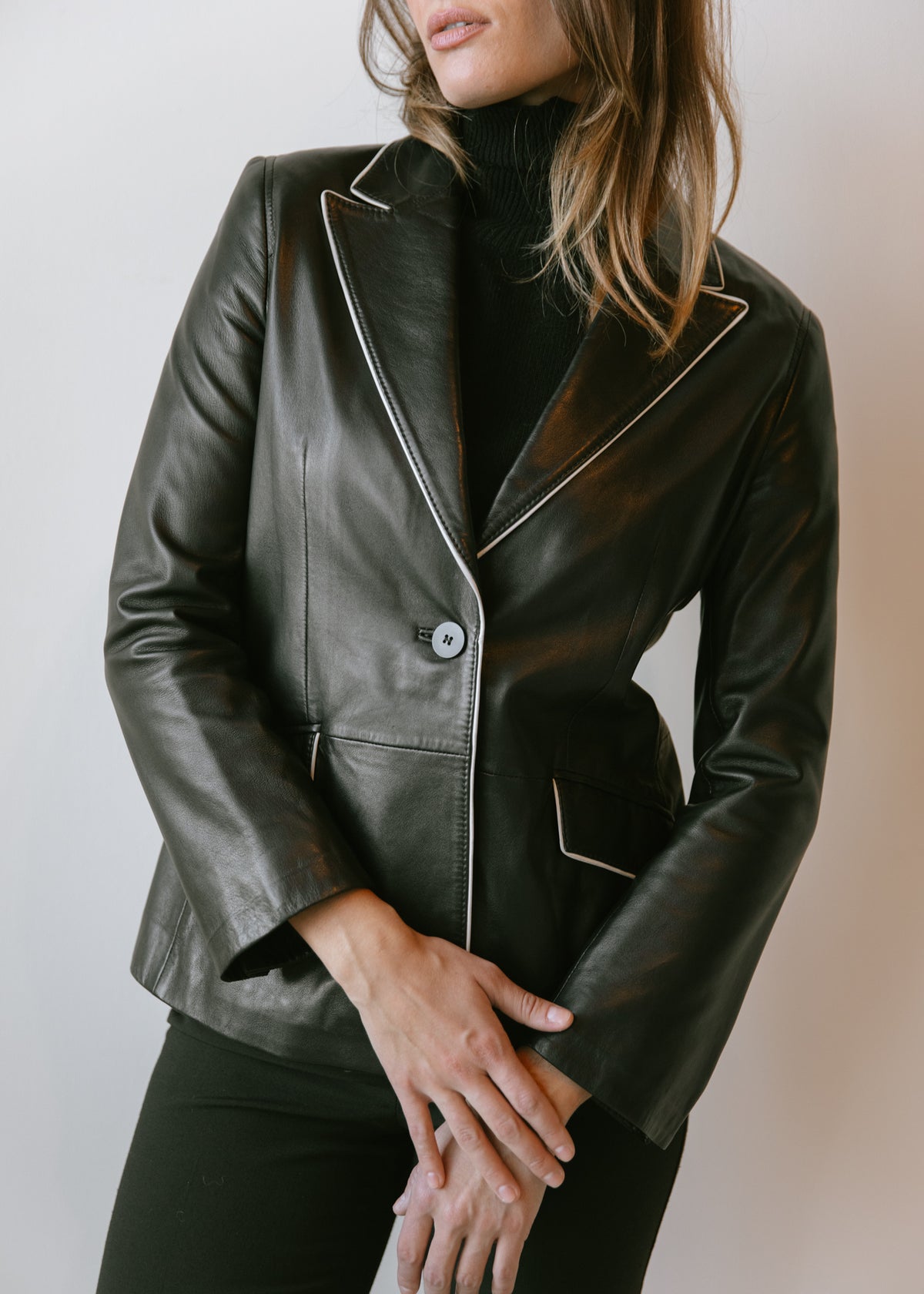 Vintage Buttery Soft Black Leather Blazer with Contrast White Piping