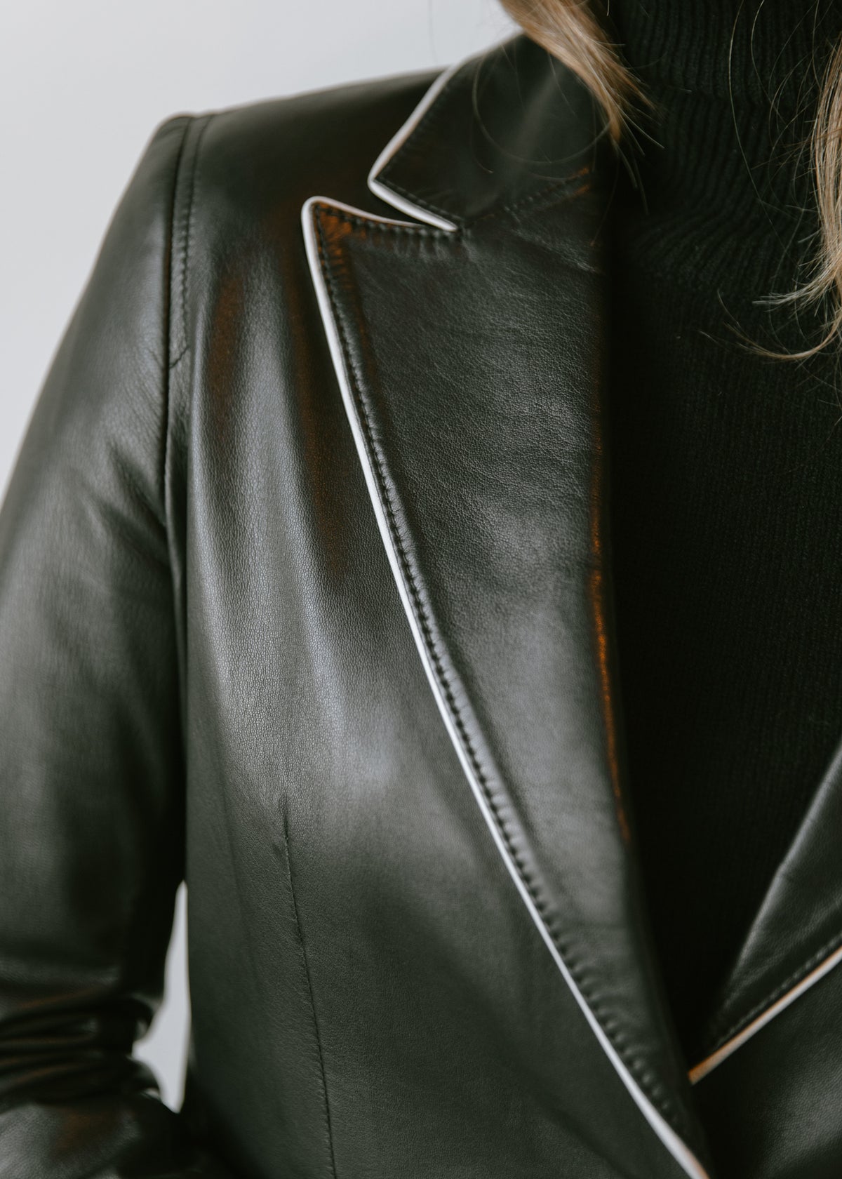 Vintage Buttery Soft Black Leather Blazer with Contrast White Piping