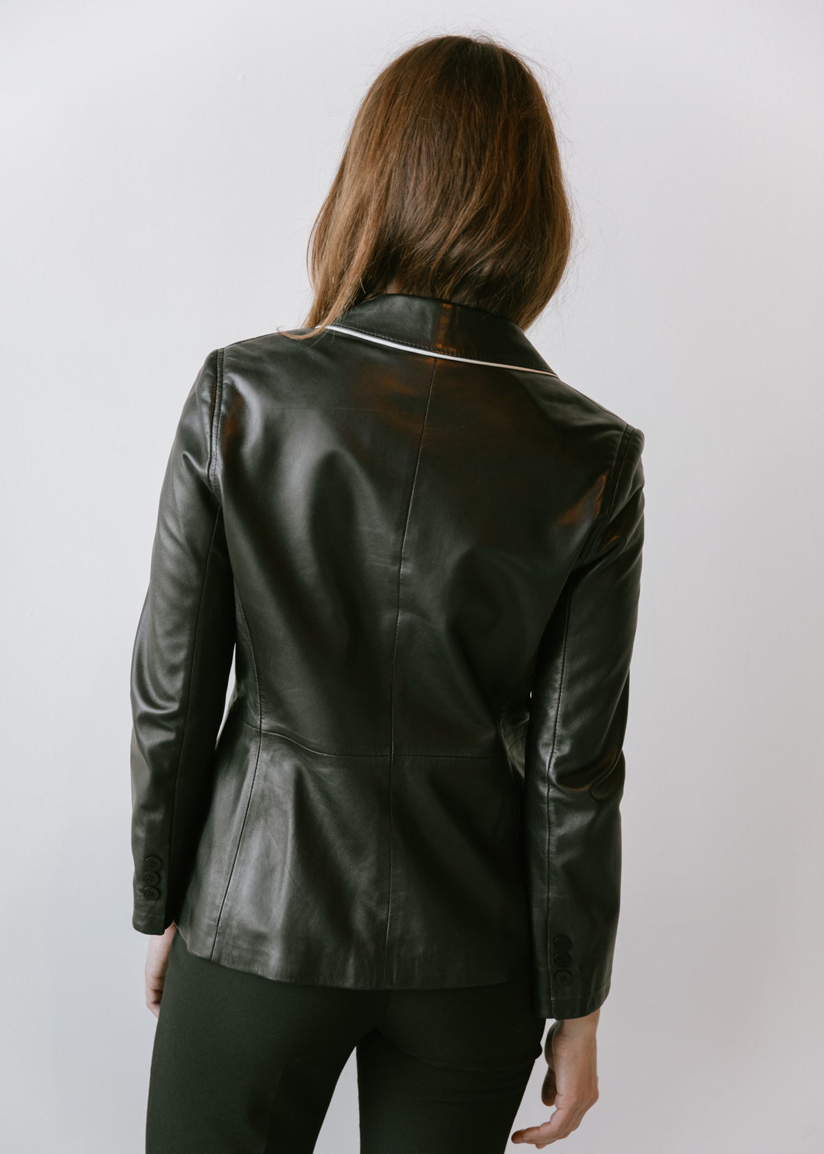 Vintage Buttery Soft Black Leather Blazer with Contrast White Piping