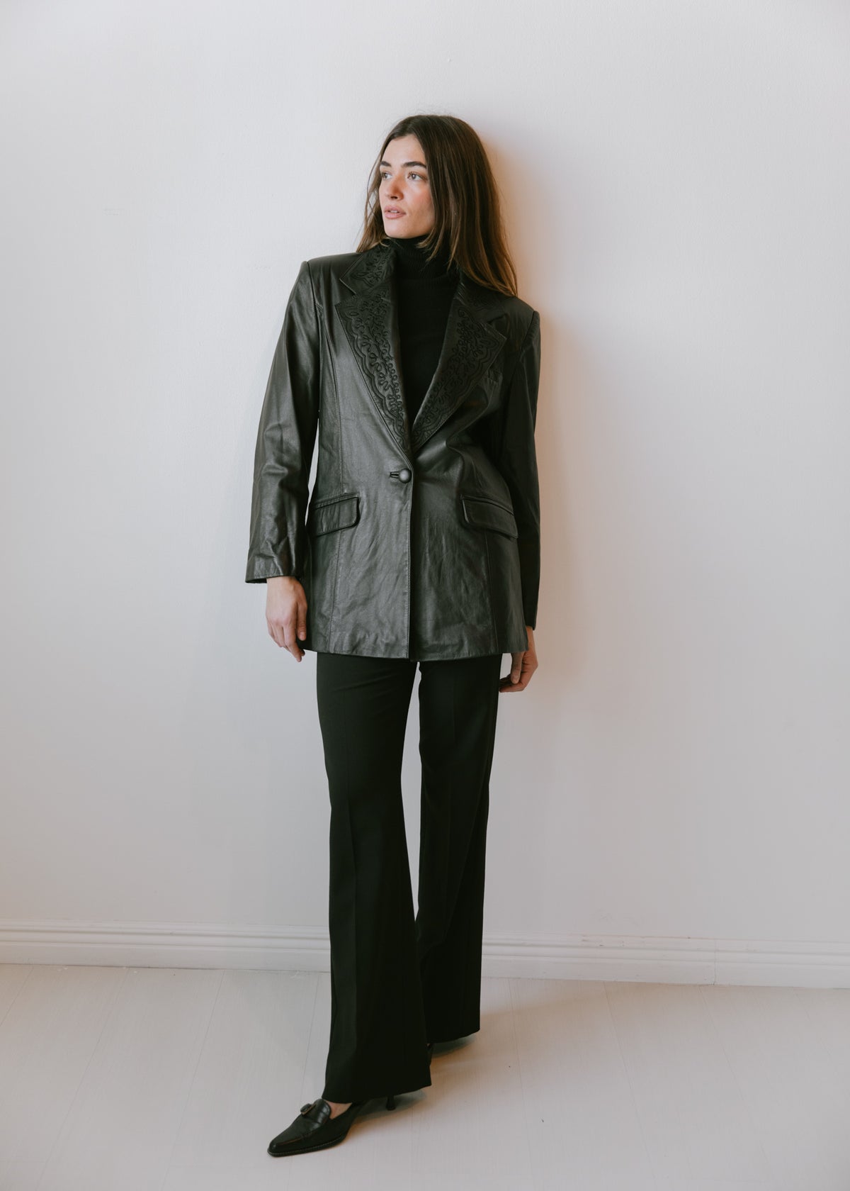 Vintage Black Leather Blazer with Embroidered Lapels