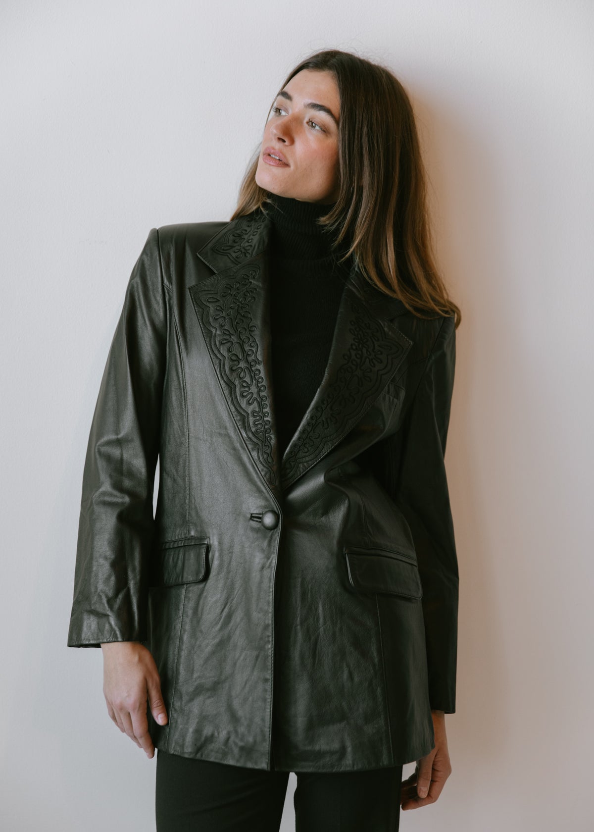 Vintage Black Leather Blazer with Embroidered Lapels