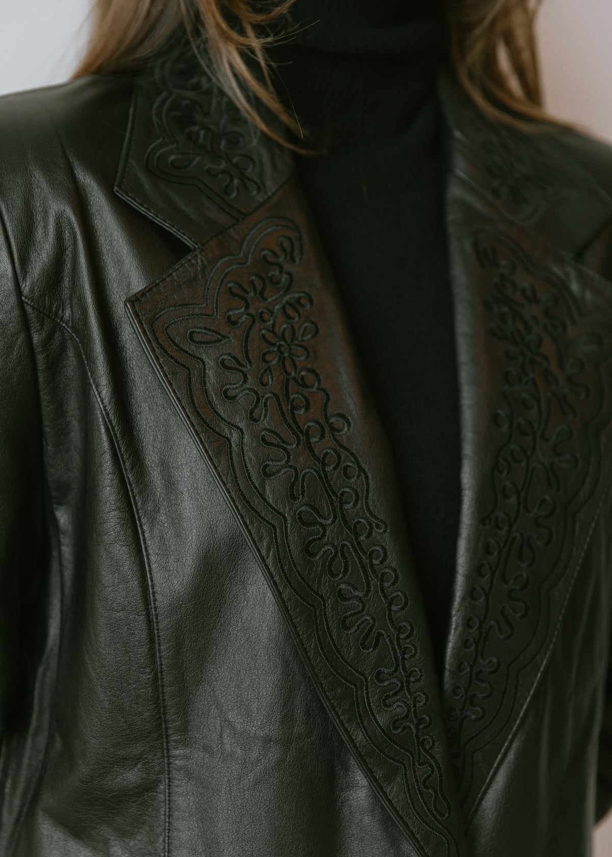 Vintage Black Leather Blazer with Embroidered Lapels