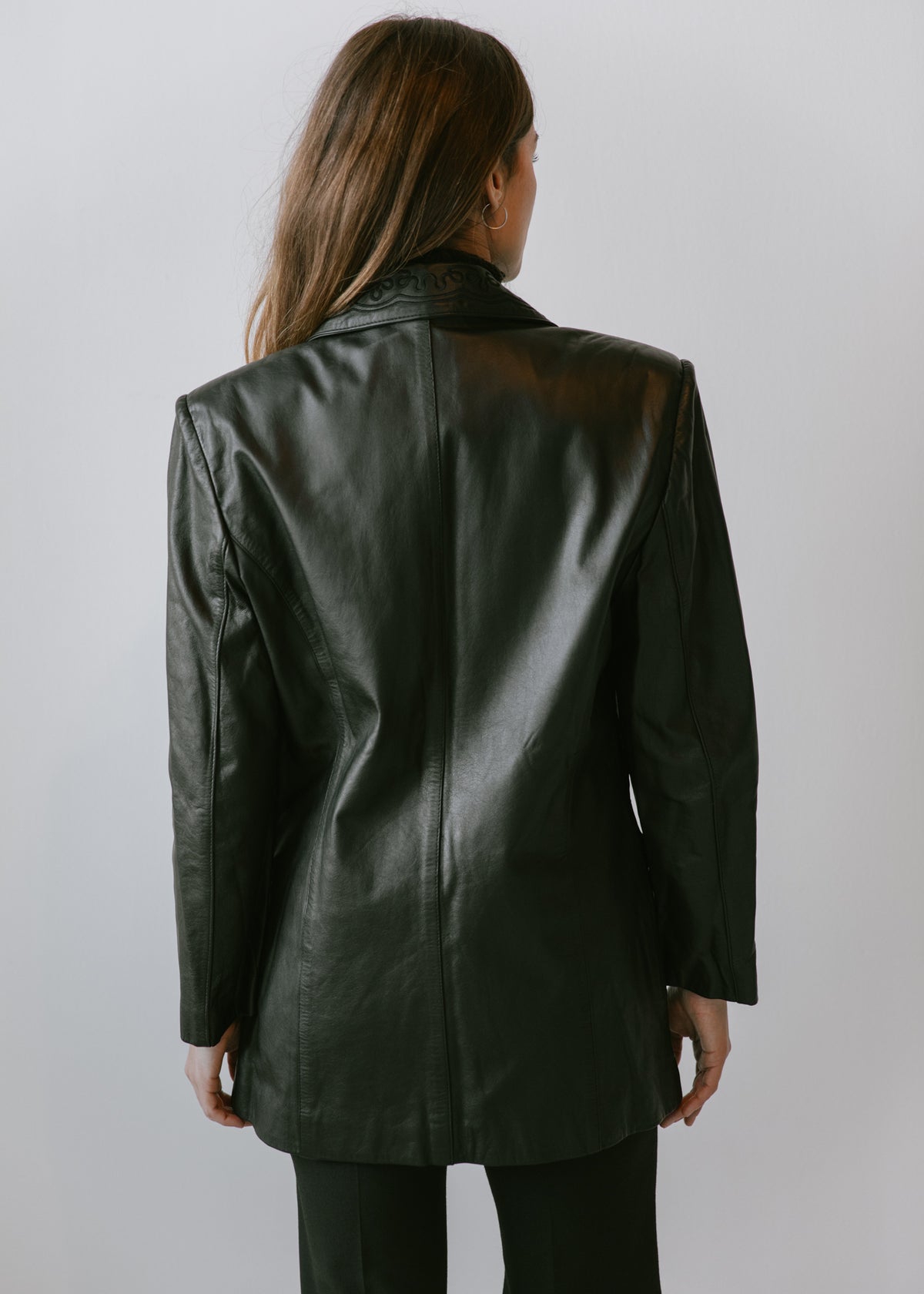 Vintage Black Leather Blazer with Embroidered Lapels