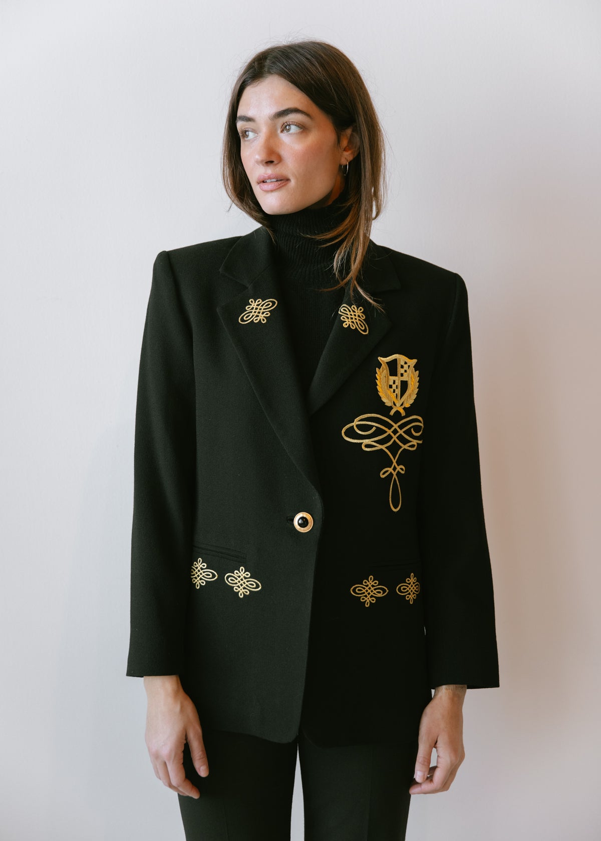 Vintage Black Wool Blazer with Gold Crest Embroidery