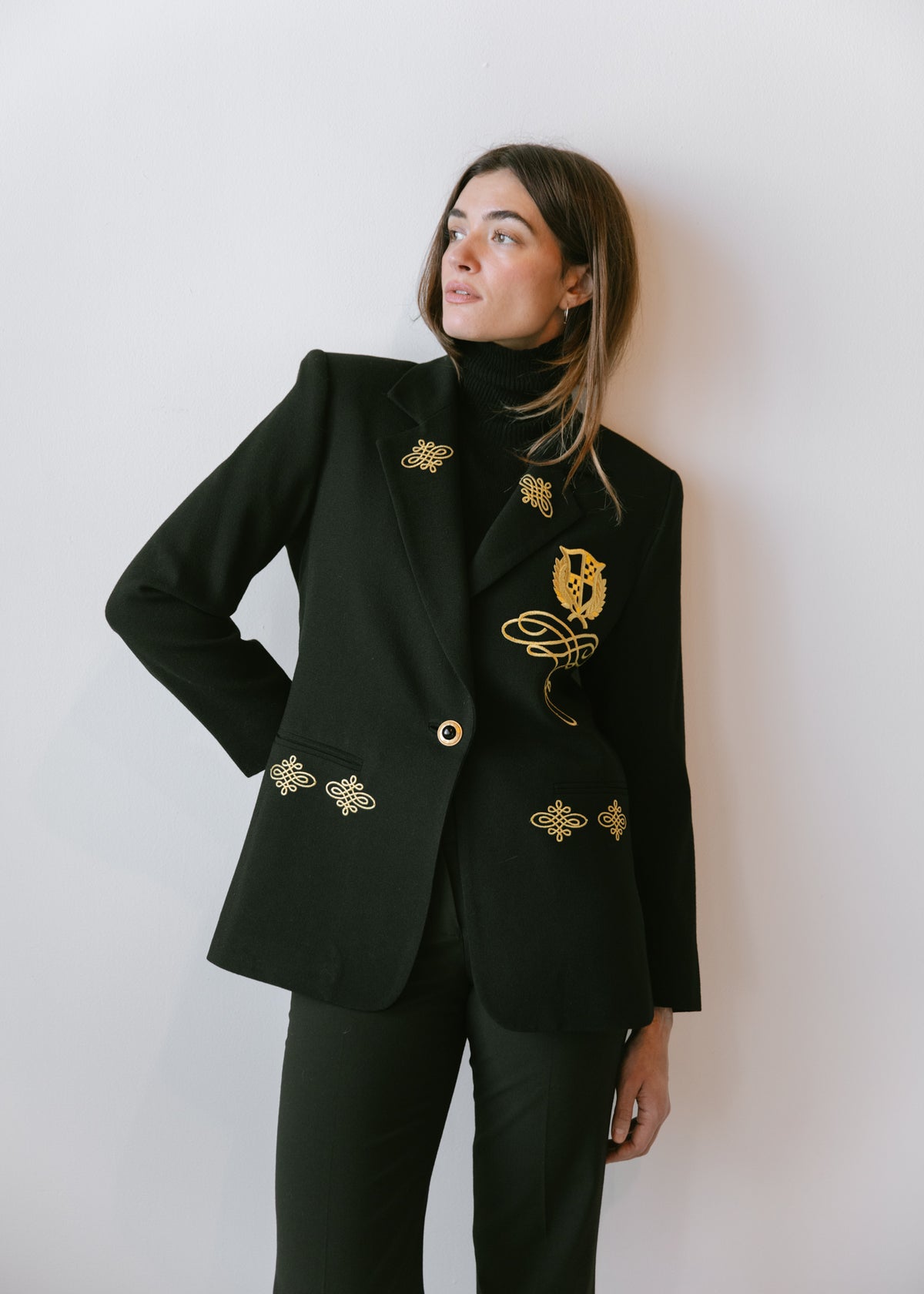 Vintage Black Wool Blazer with Gold Crest Embroidery