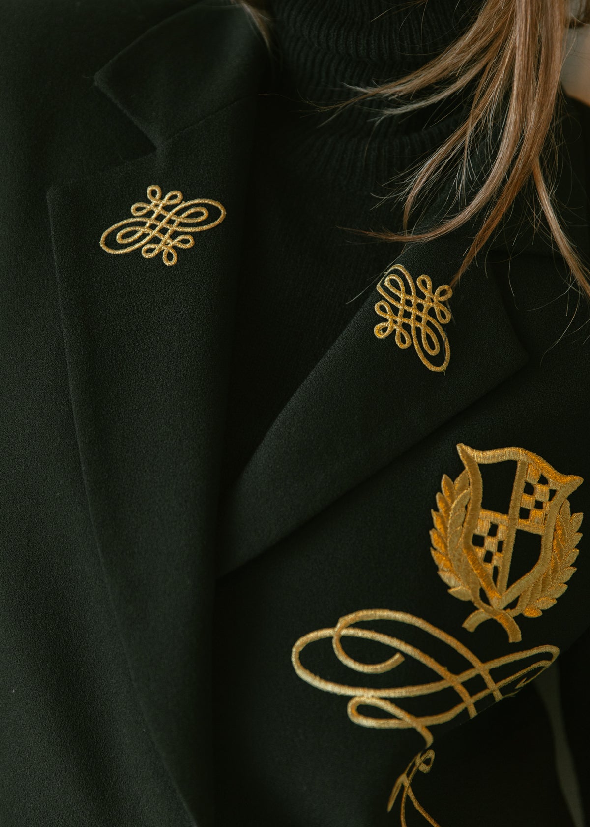 Vintage Black Wool Blazer with Gold Crest Embroidery