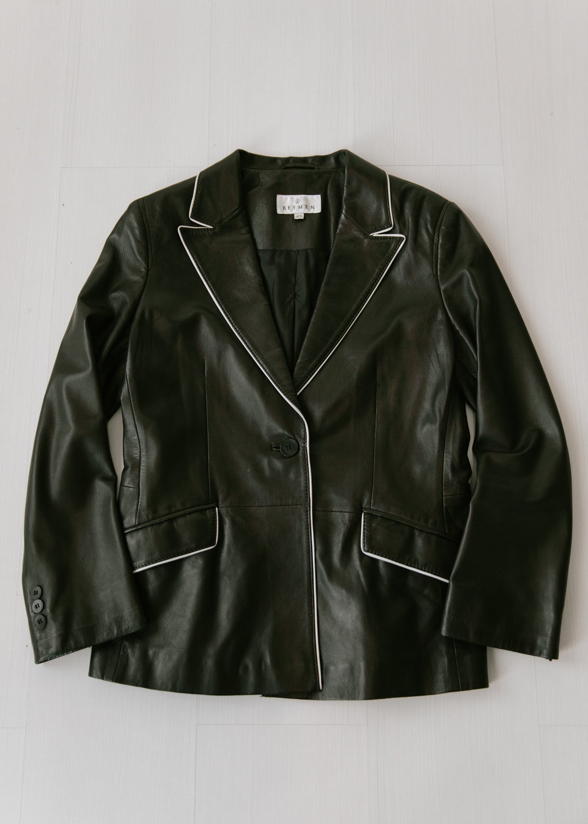 Vintage Buttery Soft Black Leather Blazer with Contrast White Piping