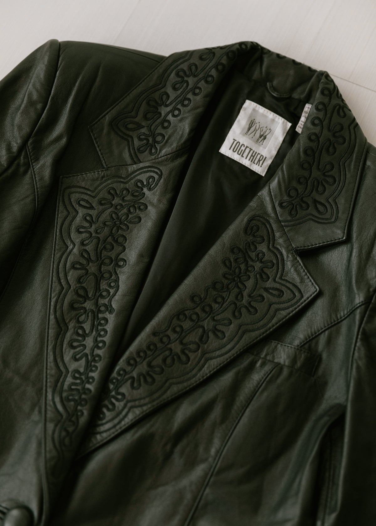 Vintage Black Leather Blazer with Embroidered Lapels