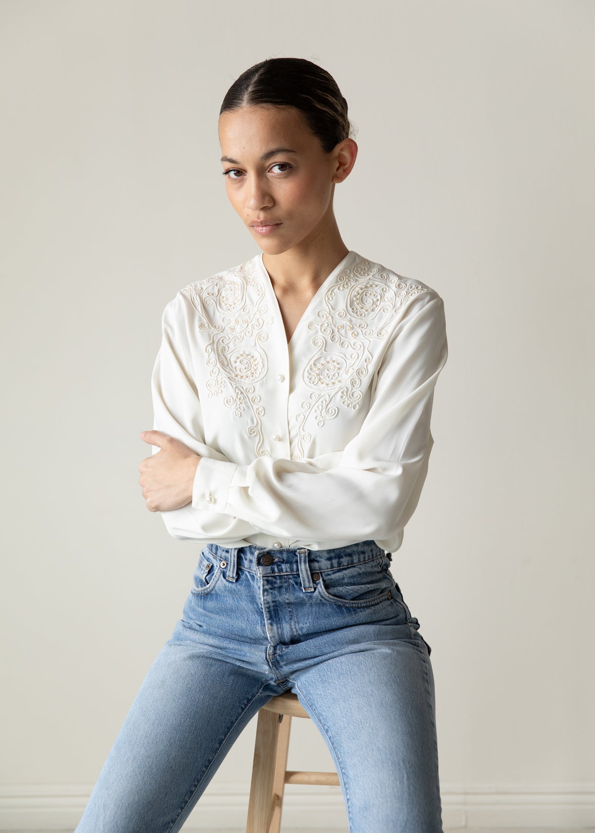 Vintage Silky Embroidered Blouse in Cream