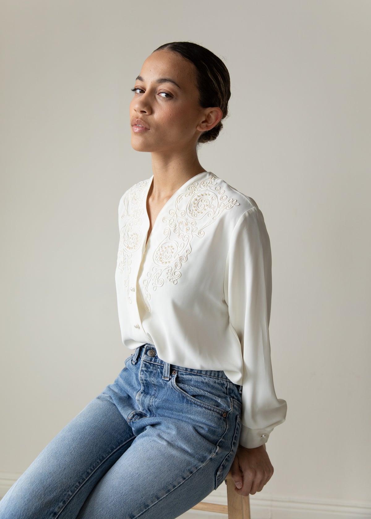 Vintage Silky Embroidered Blouse in Cream