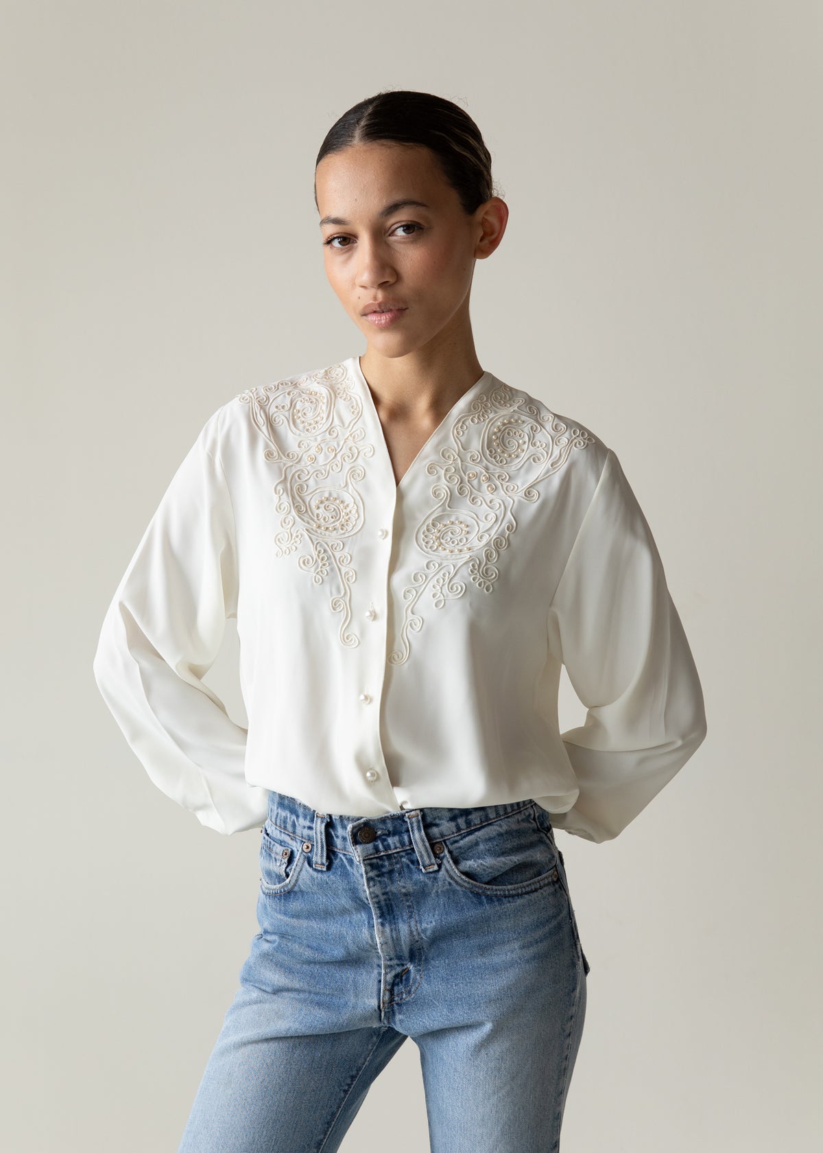 Vintage Silky Embroidered Blouse in Cream