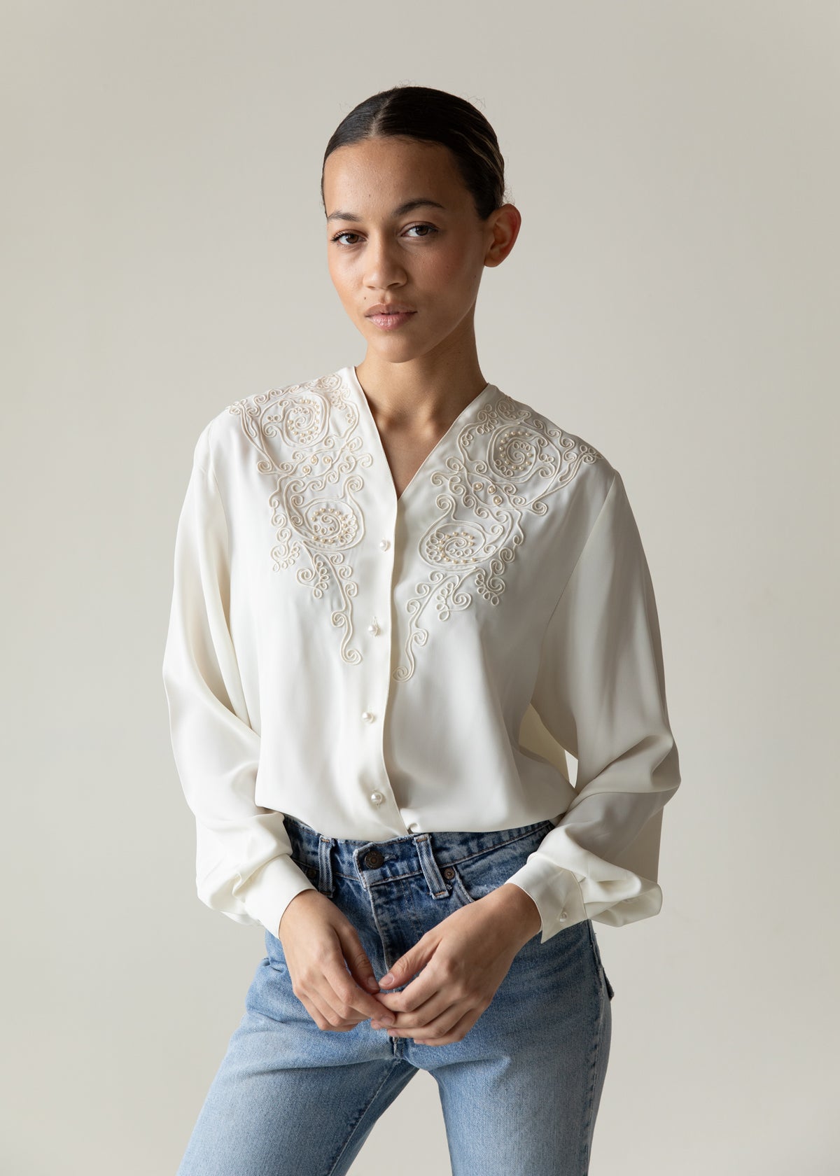 Vintage Silky Embroidered Blouse in Cream
