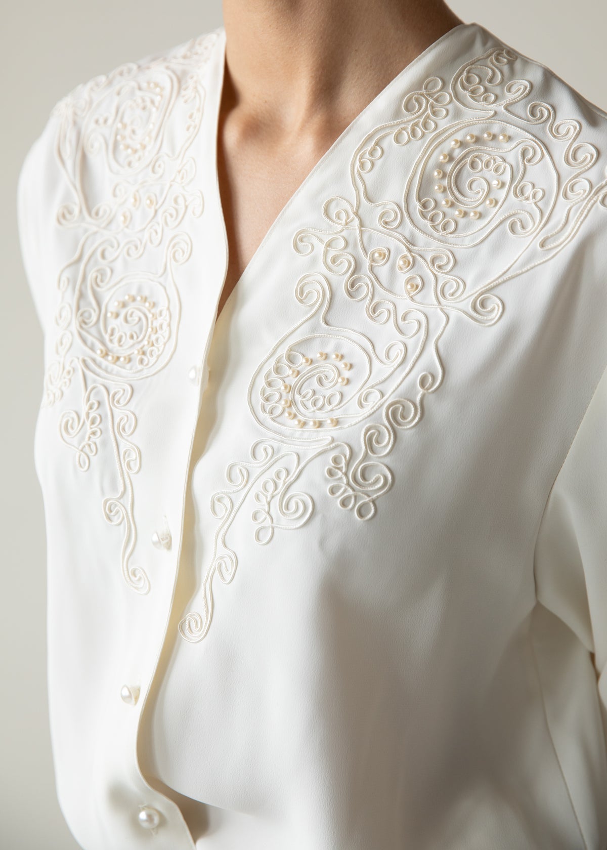 Vintage Silky Embroidered Blouse in Cream