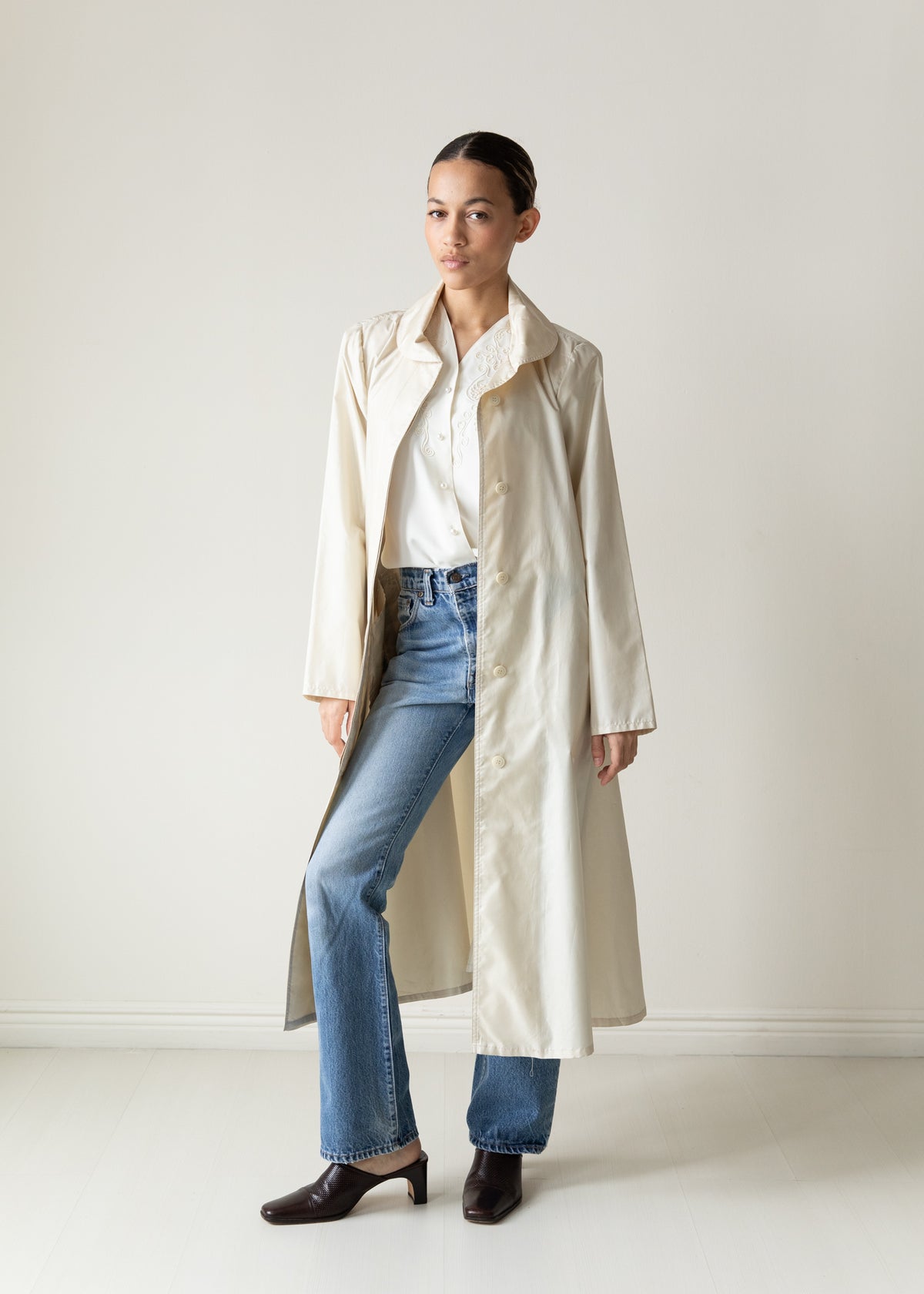 Vintage Silky Belted Raincoat in Cream