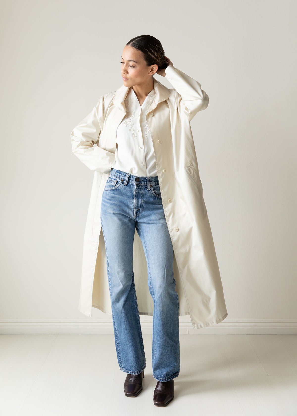 Vintage Silky Belted Raincoat in Cream